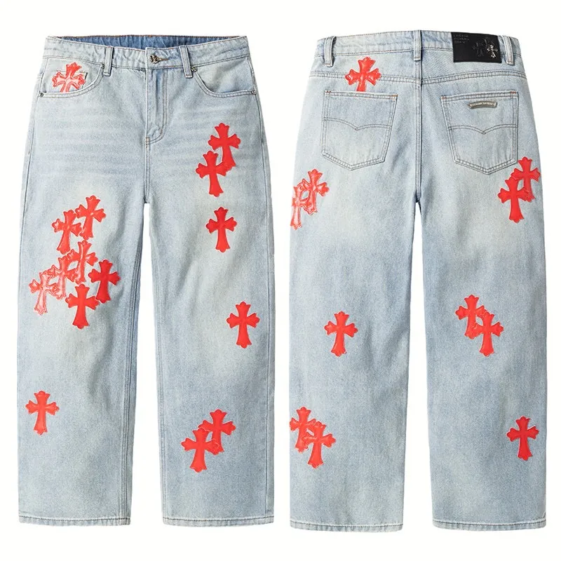P270 💰 (Top version) chrome hearts ss25 new blue Miami patchwork red leather jeans. Styles with different wash textures, very friendly to people with thin legs and thick legs. The slightly flared version is very flattering to the leg shape. The timeless and moderate length makes it easy to match casually. It has the basic styling foundation for various styles and is a must-have in the wardrobe! The fabric is stiff but also makes the upper body soft without losing texture. The washing process is even more perfect. It is a must-have item for everyone! ! !  Color: blue Size: 30-32-34-36 30 32 34 36 Waist circumference 80 85 90 95 Sitting circumference 105 110 135 120 Foot opening 46 47 48 49 External length 102 103 104 105